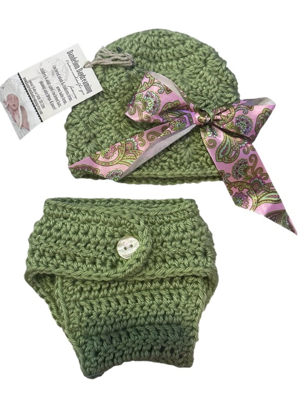 Handmade Green Crochet Baby Hat & Diaper Cover Set with Pink Paisley Bow